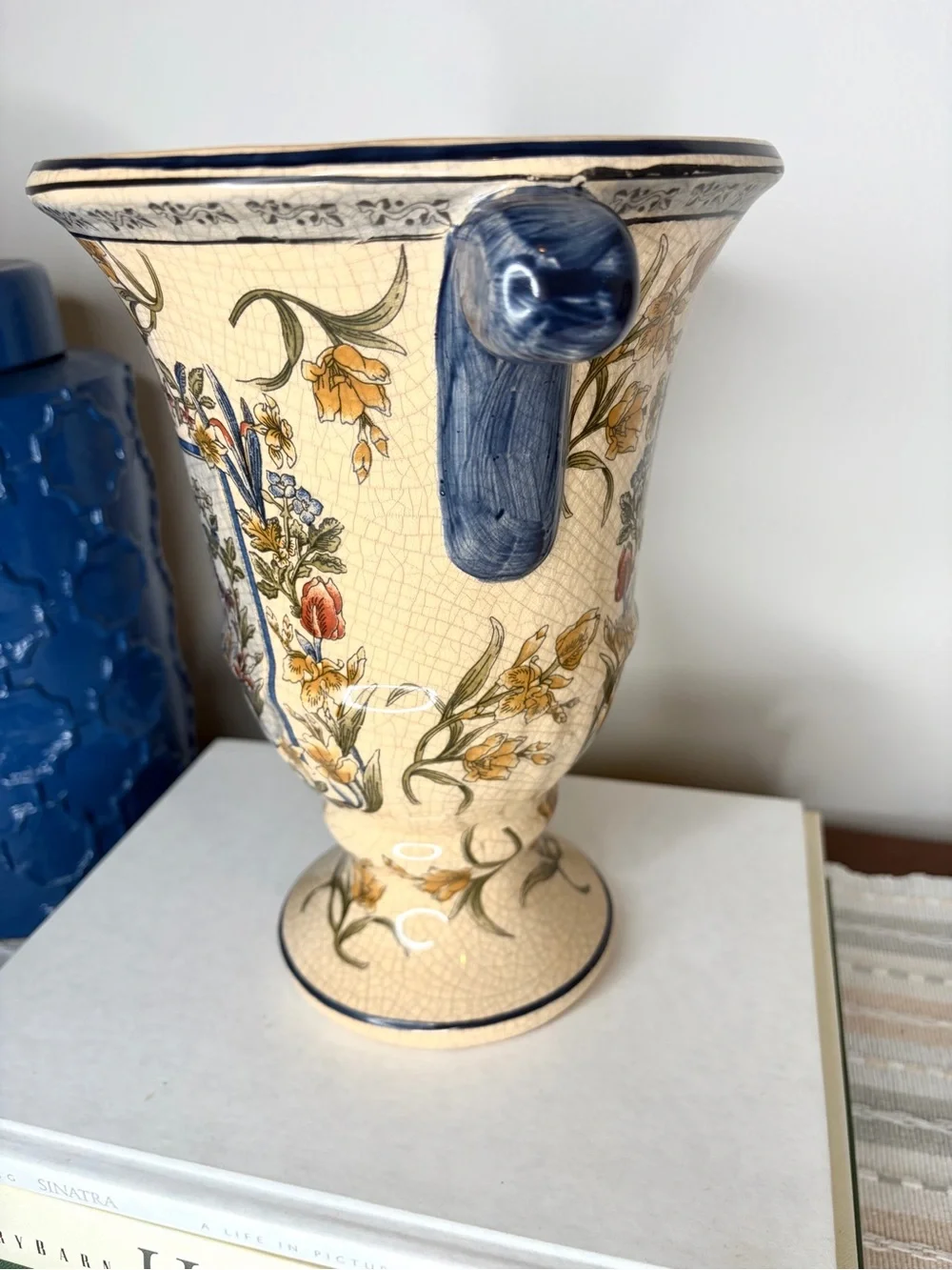 Vintage Decorative Floral Ceramic Urn Vase in Cream Crackle Glaze Finish
